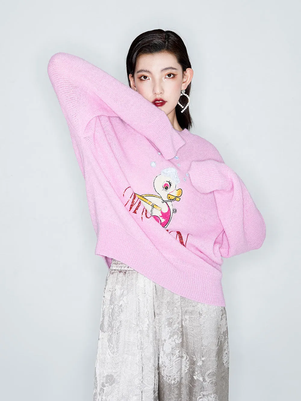 MUKZIN Linglong "Time Machine" Silhouette Crew Neck Cartoon Knit Blue Sweater
