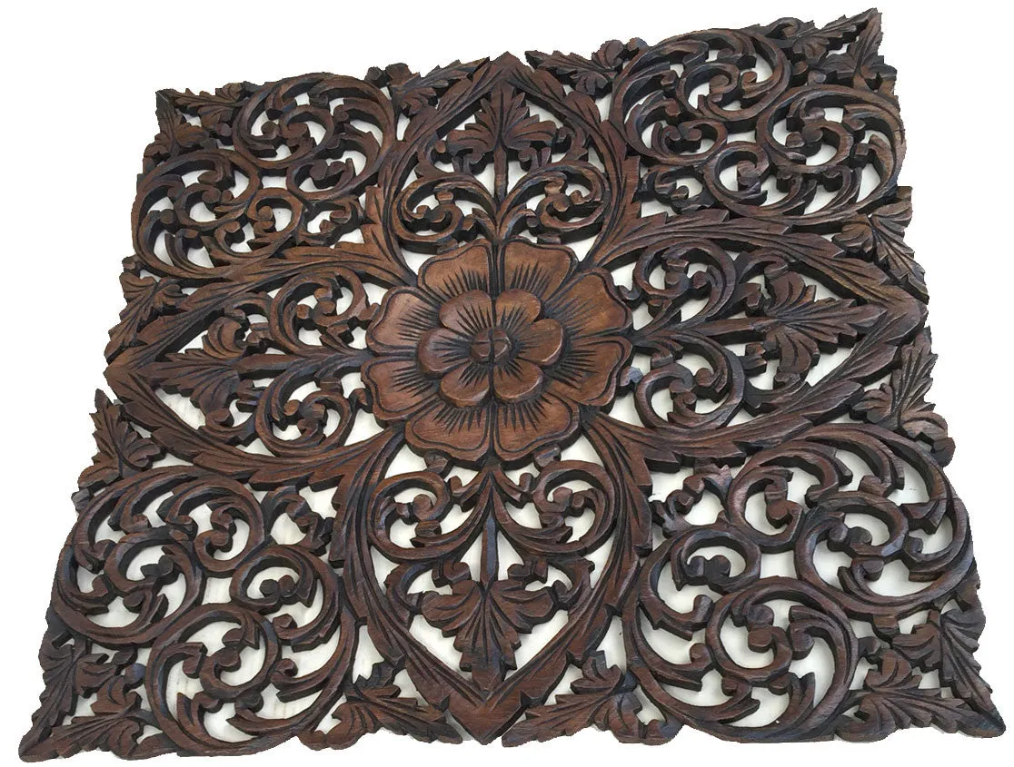 Oriental Hand Carved Wood Wall Plaques. Decorative Thai Wall Relief Panel Sculpture. Dark Brown 24"x24"x0.5"