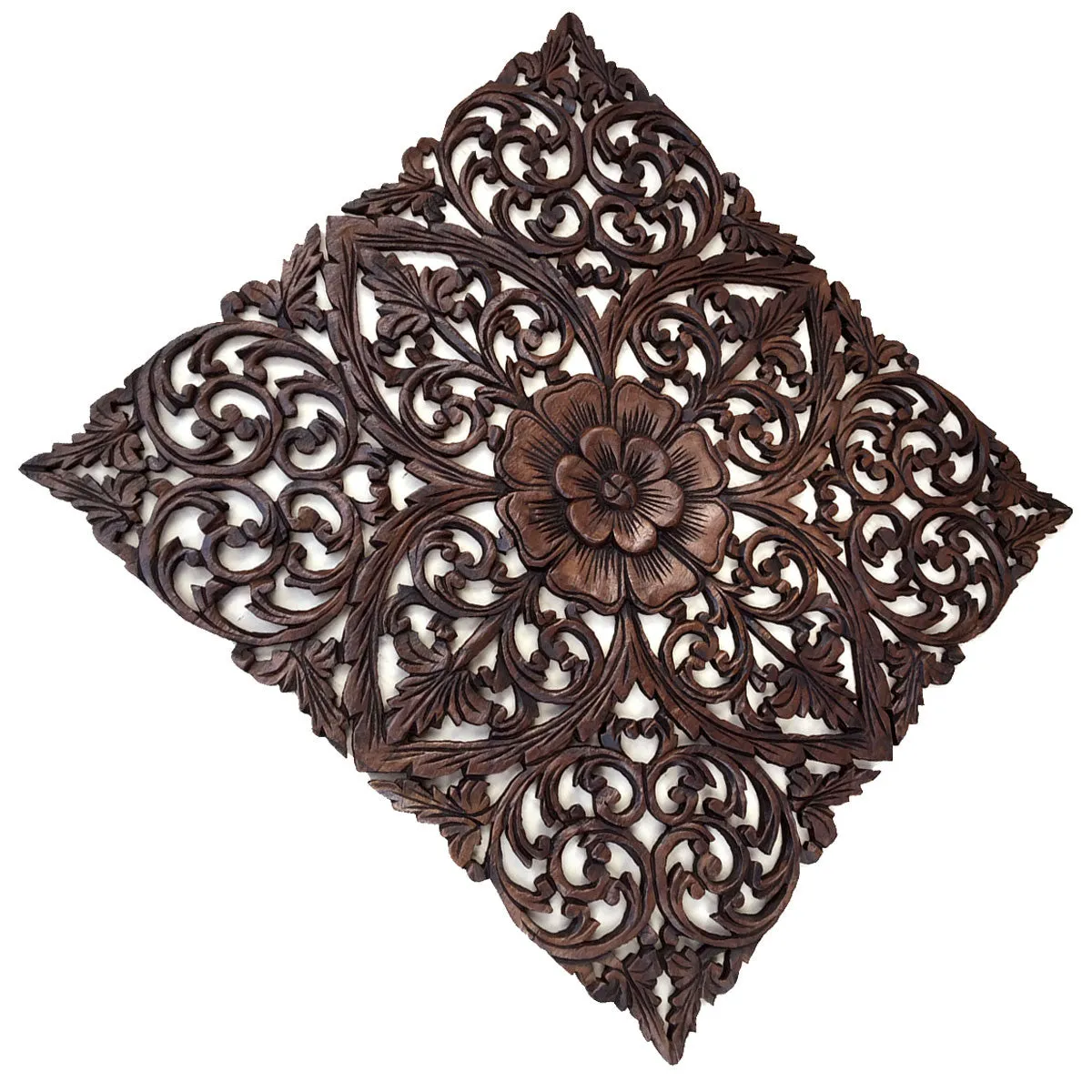 Oriental Hand Carved Wood Wall Plaques. Decorative Thai Wall Relief Panel Sculpture. Dark Brown 24"x24"x0.5"