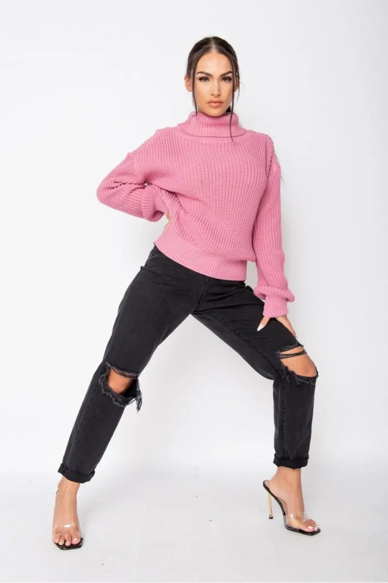 Pink Turtle Neck Rib Knit Jumper