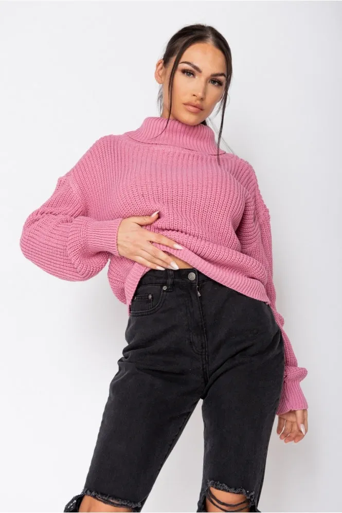 Pink Turtle Neck Rib Knit Jumper
