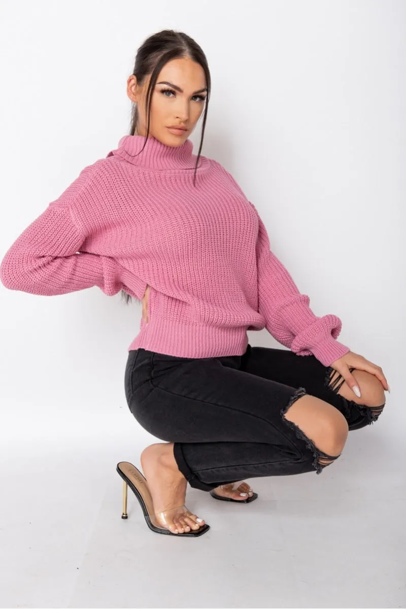 Pink Turtle Neck Rib Knit Jumper