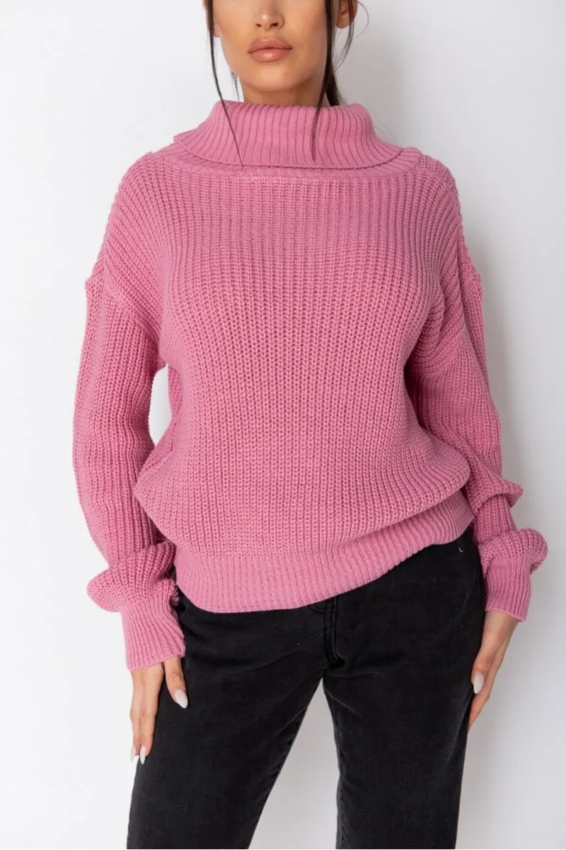 Pink Turtle Neck Rib Knit Jumper