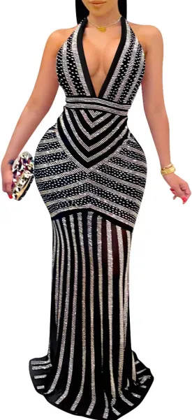 PORRCEY Women's Sexy Elegant Rhinestone Mesh See Through Bodycon Party Club Night Prom Dress