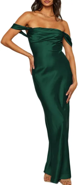 Realtix Elegant Satin Off The Shoulder Ruched Backless Maxi Dress for Women Strapless Tube Sleeveless Bridesmaid Dresses