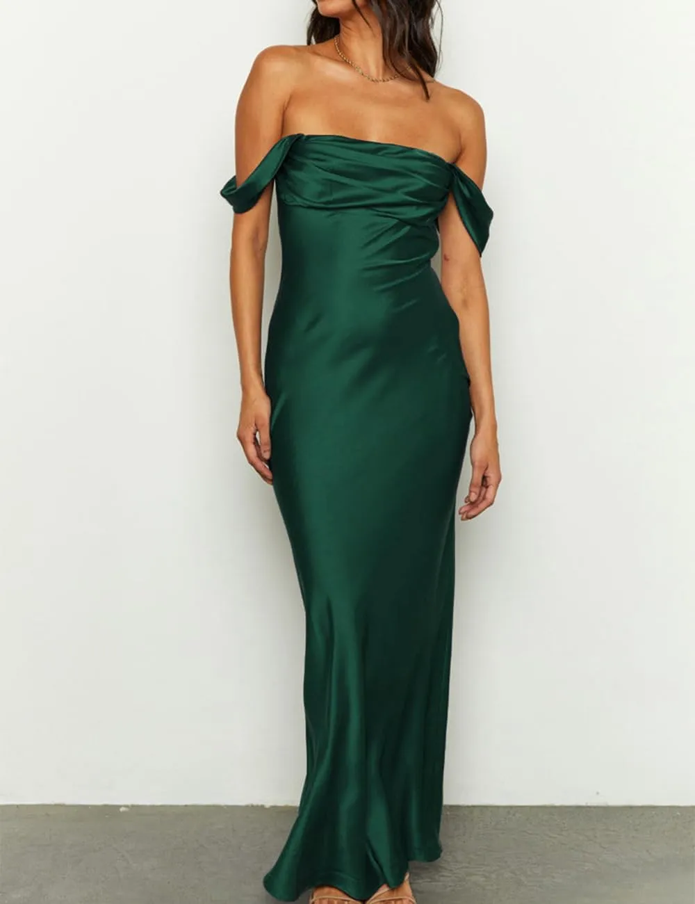 Realtix Elegant Satin Off The Shoulder Ruched Backless Maxi Dress for Women Strapless Tube Sleeveless Bridesmaid Dresses