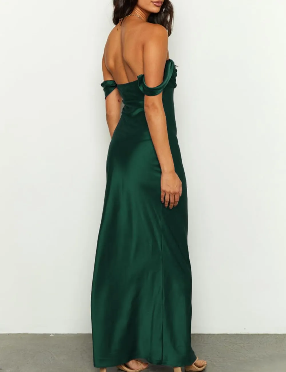 Realtix Elegant Satin Off The Shoulder Ruched Backless Maxi Dress for Women Strapless Tube Sleeveless Bridesmaid Dresses