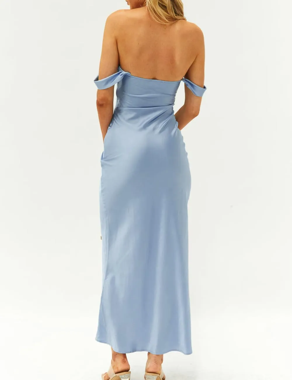 Realtix Elegant Satin Off The Shoulder Ruched Backless Maxi Dress for Women Strapless Tube Sleeveless Bridesmaid Dresses