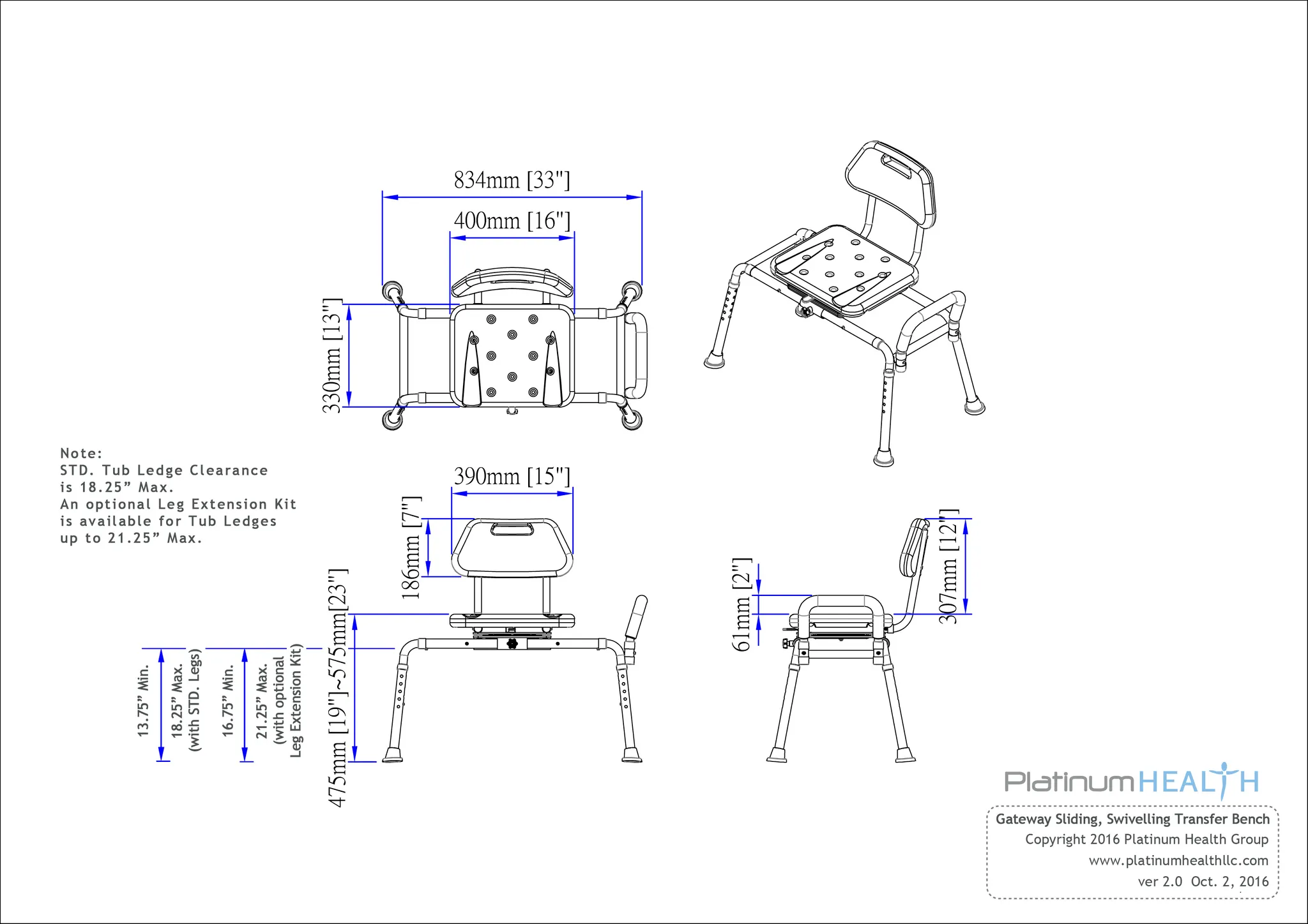 Reconditioned - Gateway Premium Sliding Bath Transfer Bench with Swivel Seat PADDED