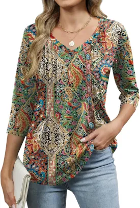 Romanstii Shirts for Women 2025 Summer 3/4 Length Sleeve Womens Tops Dressy Casual Pleated Blouses V Neck Tee Shirts S-3XL