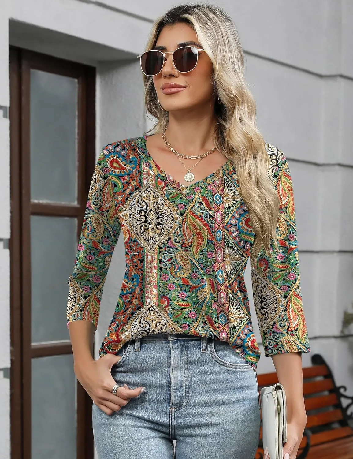 Romanstii Shirts for Women 2025 Summer 3/4 Length Sleeve Womens Tops Dressy Casual Pleated Blouses V Neck Tee Shirts S-3XL