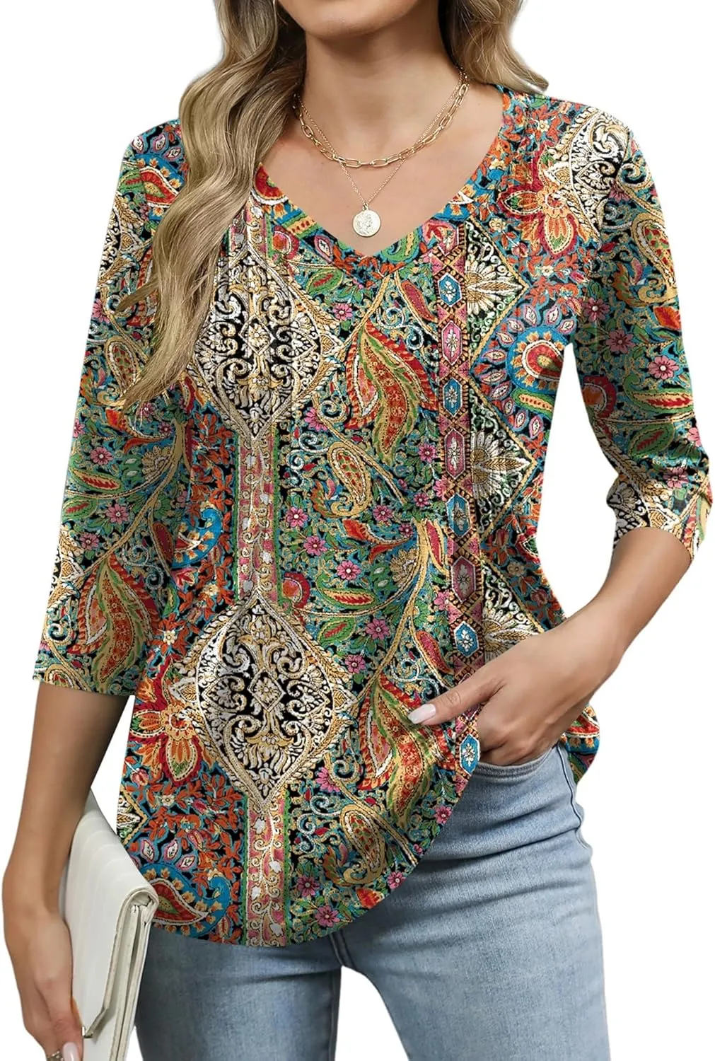 Romanstii Shirts for Women 2025 Summer 3/4 Length Sleeve Womens Tops Dressy Casual Pleated Blouses V Neck Tee Shirts S-3XL
