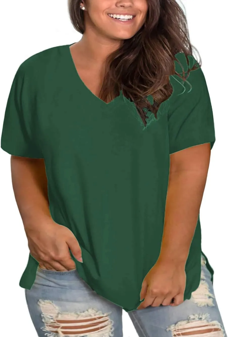 ROSRISS Womens Plus Size Short Sleeve T Shirt V Neck High Low Tops Blouse Tunics with Side Split