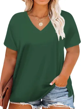 ROSRISS Womens Plus Size Short Sleeve T Shirt V Neck High Low Tops Blouse Tunics with Side Split