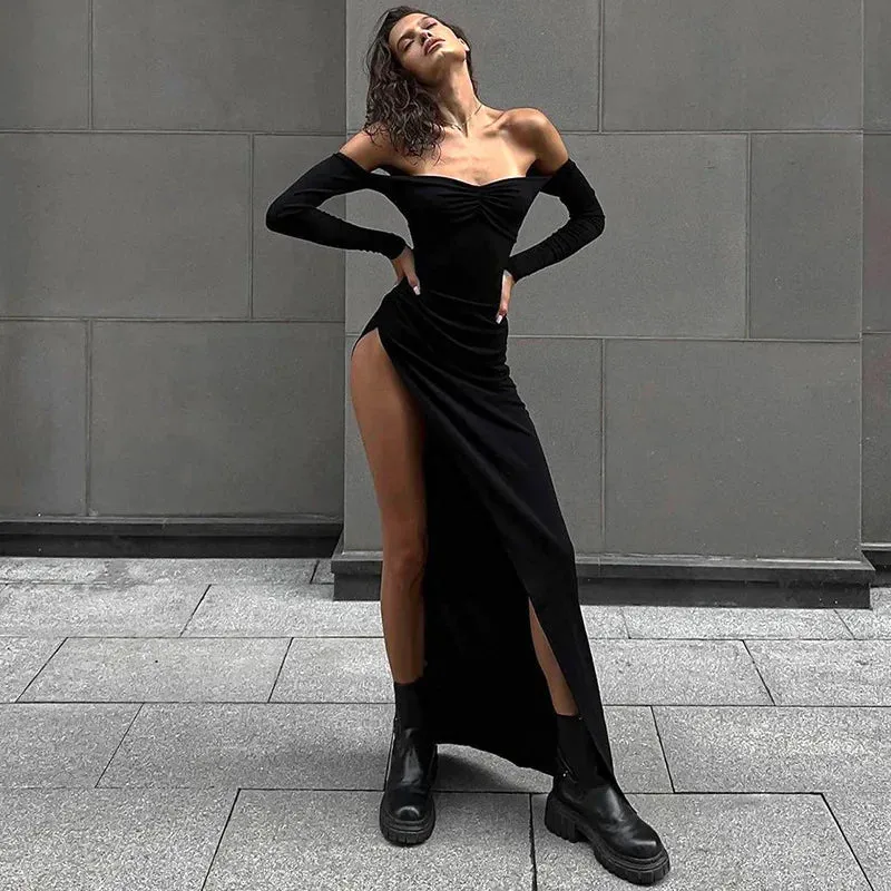 Ruched Backless Slit Party Fashion Off Shoulder Midi Dress