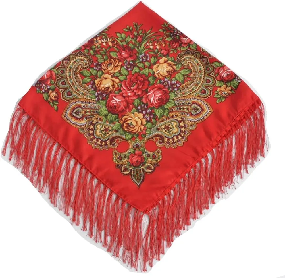 Russian Style Muffler Warm Scarf with Tassel Women's Traditional Scarf Wrap Shawl Fringes Printing Cape