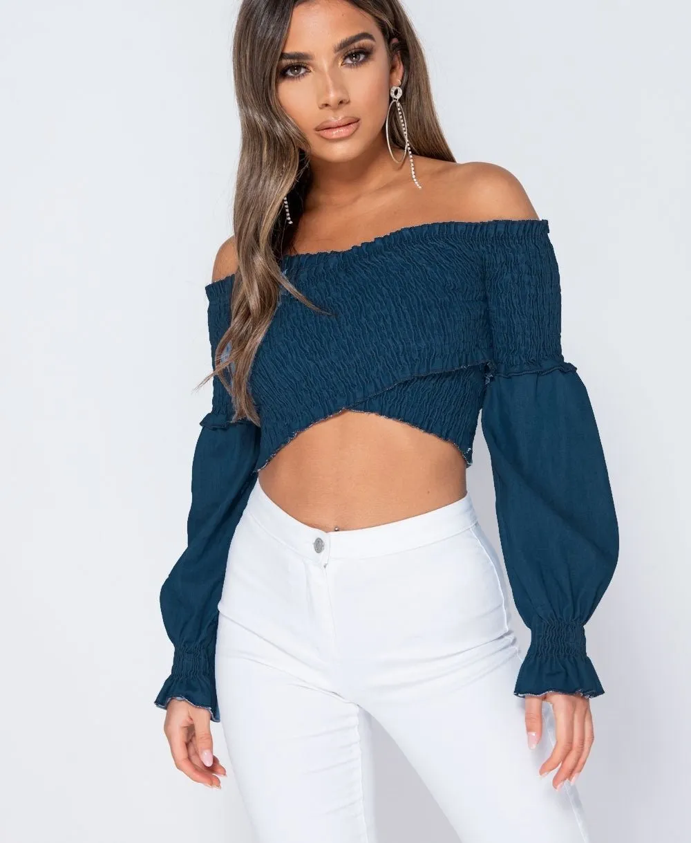 Shirring Detail Long Sleeve Bardot Denim Crop Top