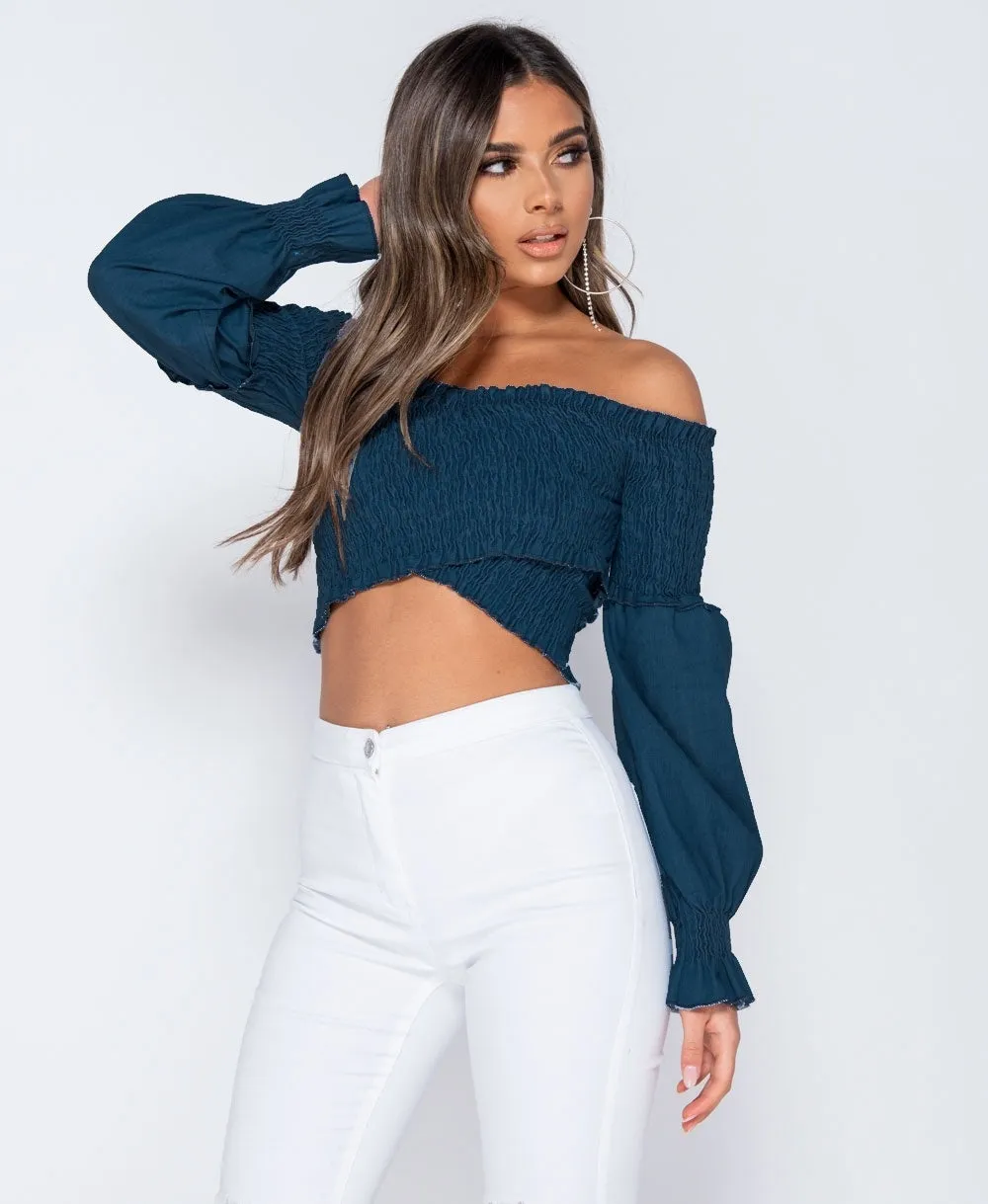 Shirring Detail Long Sleeve Bardot Denim Crop Top