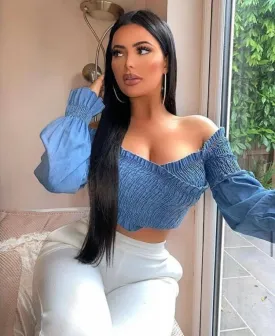 Shirring Detail Long Sleeve Bardot Denim Crop Top