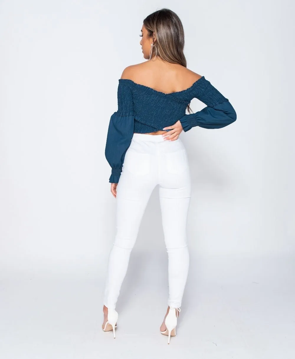 Shirring Detail Long Sleeve Bardot Denim Crop Top