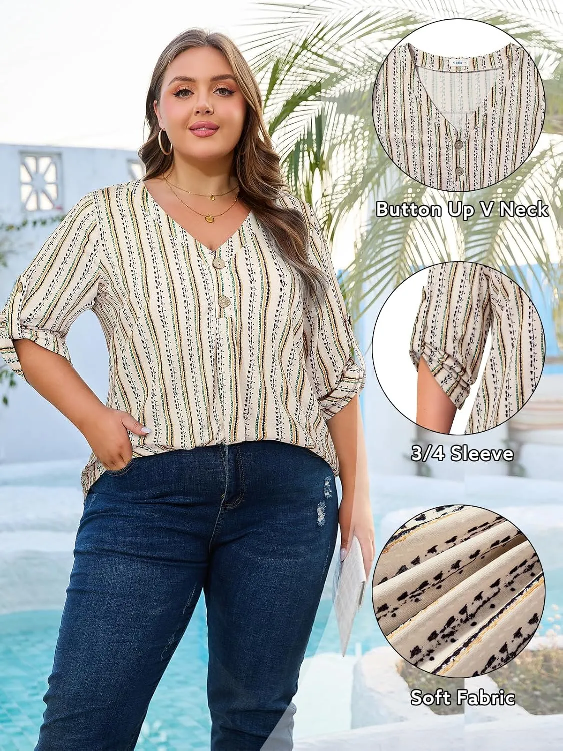 Siddhe Women's Plus Size 3/4 Sleeve Tops V Neck Blouses Dressy Casual Spring Summer Tunic Tops XL-5XL