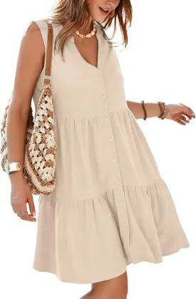 Simplee Women’s Sleeveless Linen Summer Dress Casual Button Down Mini Dress Flowy Beach Sundress with Pockets