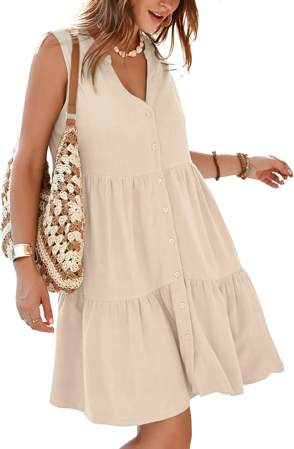 Simplee Women’s Sleeveless Linen Summer Dress Casual Button Down Mini Dress Flowy Beach Sundress with Pockets