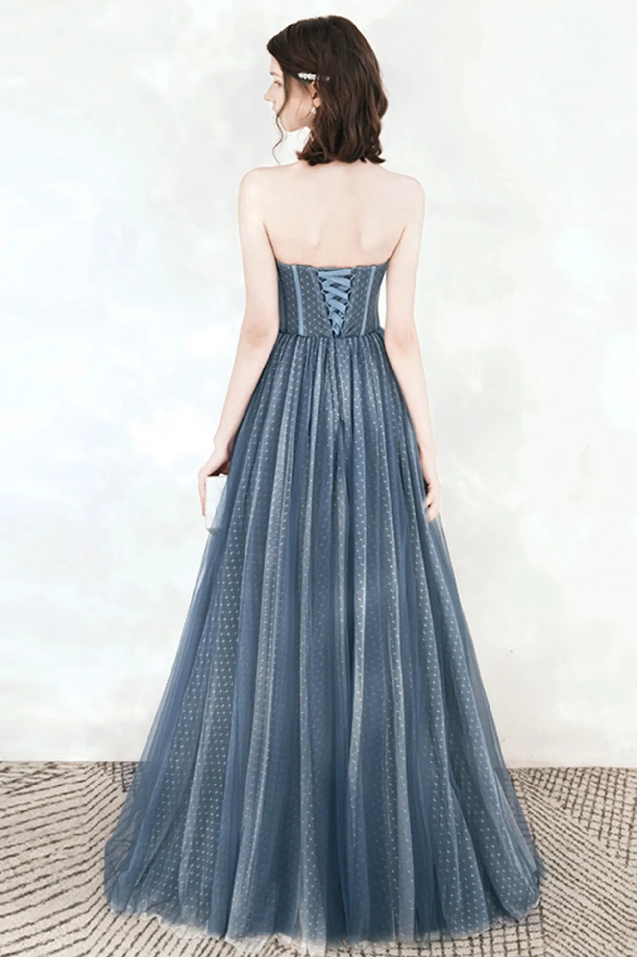 solvbao Blue Tulle Strapless Long Prom Dresses, A-Line Formal Evening Dresses