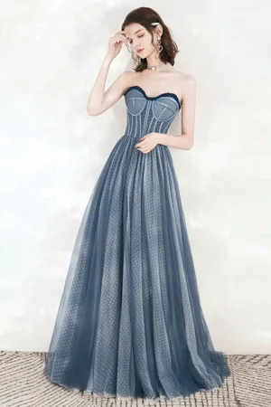 solvbao Blue Tulle Strapless Long Prom Dresses, A-Line Formal Evening Dresses