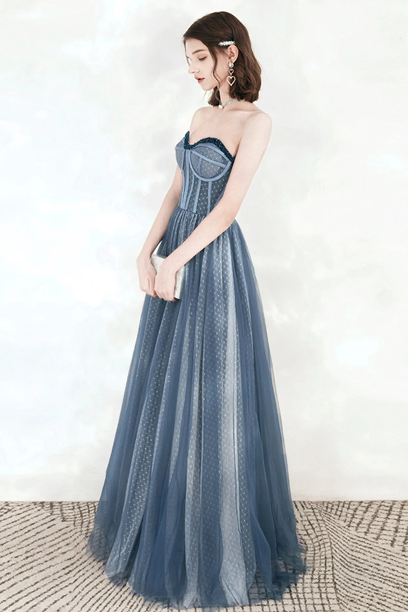 solvbao Blue Tulle Strapless Long Prom Dresses, A-Line Formal Evening Dresses
