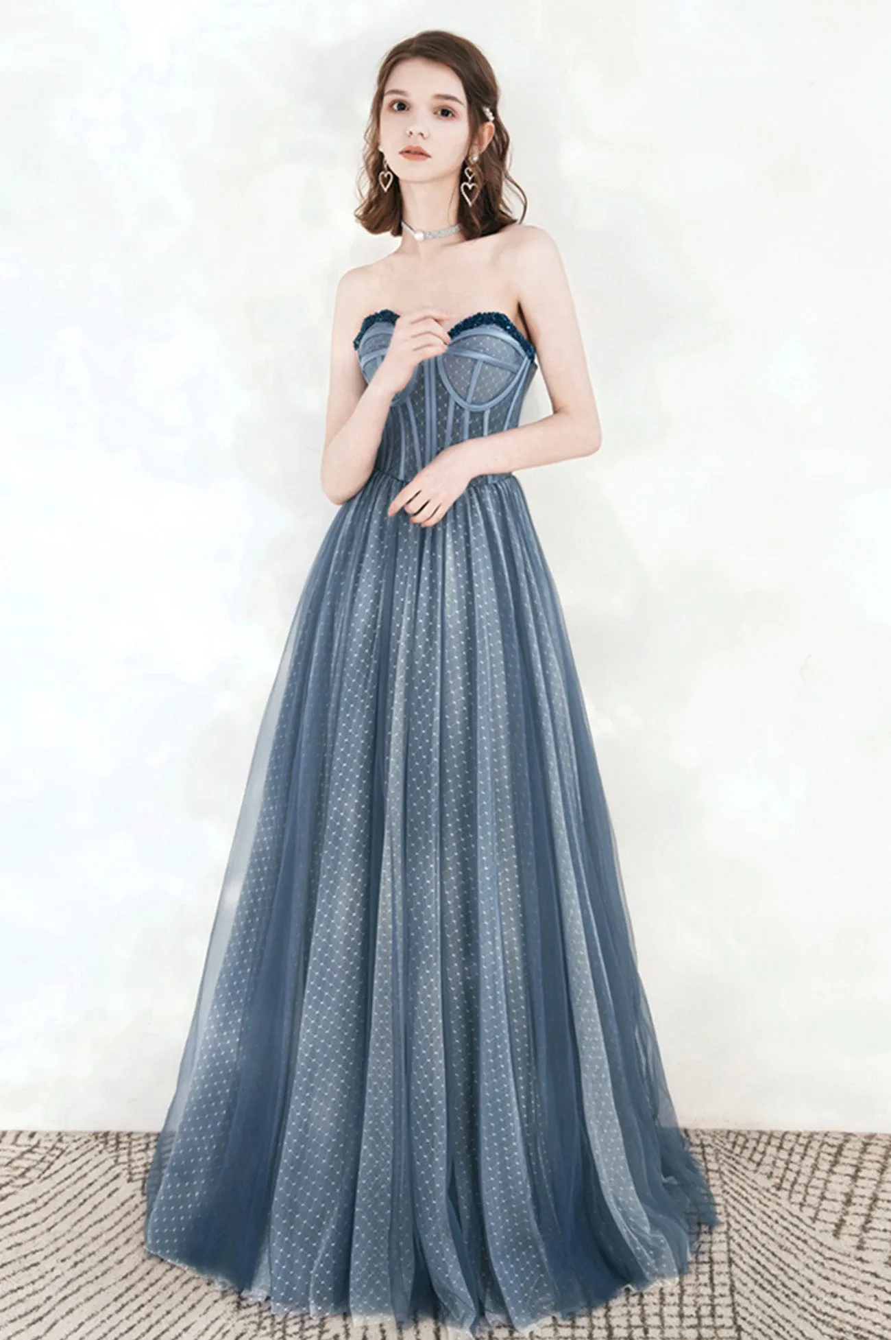 solvbao Blue Tulle Strapless Long Prom Dresses, A-Line Formal Evening Dresses