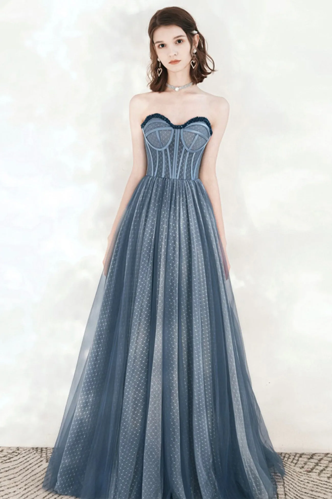 solvbao Blue Tulle Strapless Long Prom Dresses, A-Line Formal Evening Dresses