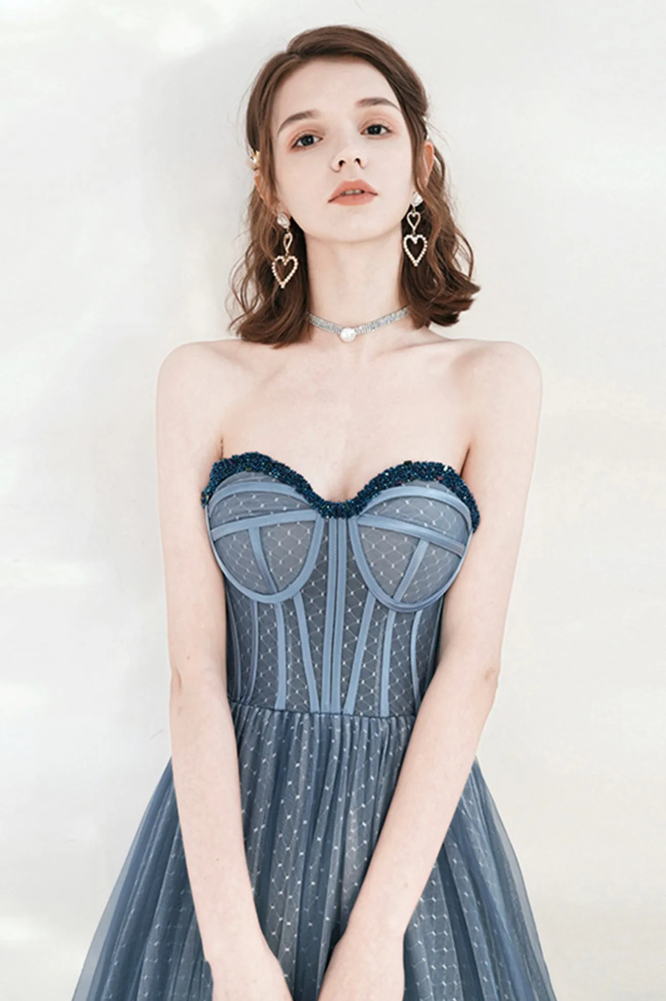 solvbao Blue Tulle Strapless Long Prom Dresses, A-Line Formal Evening Dresses
