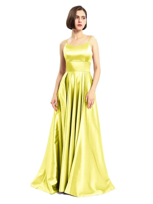 Spaghetti Straps A-line Backless Long Prom Dresses
