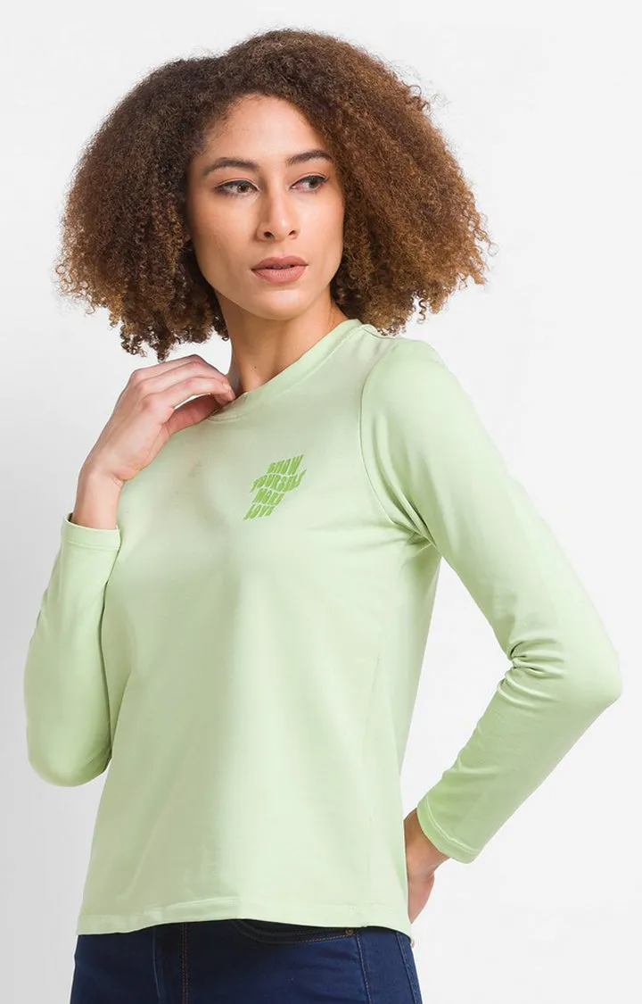 Spykar Green Cotton Blend Full Sleeve Plain Casual T-Shirts For Women