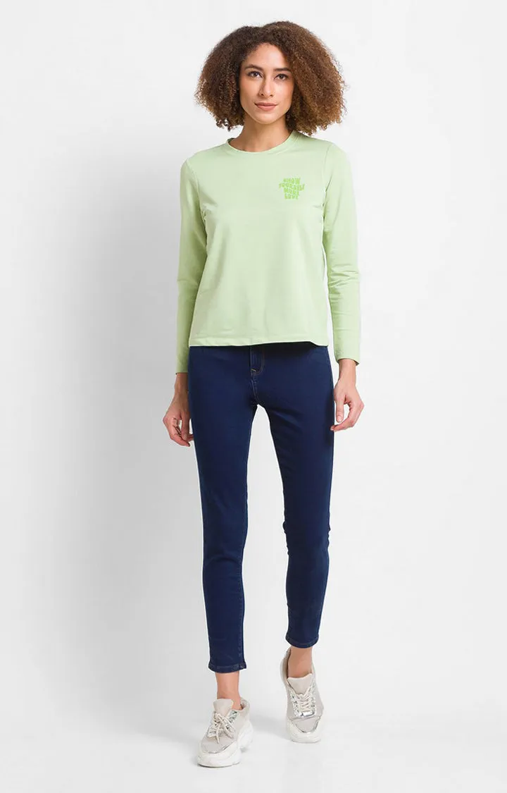Spykar Green Cotton Blend Full Sleeve Plain Casual T-Shirts For Women