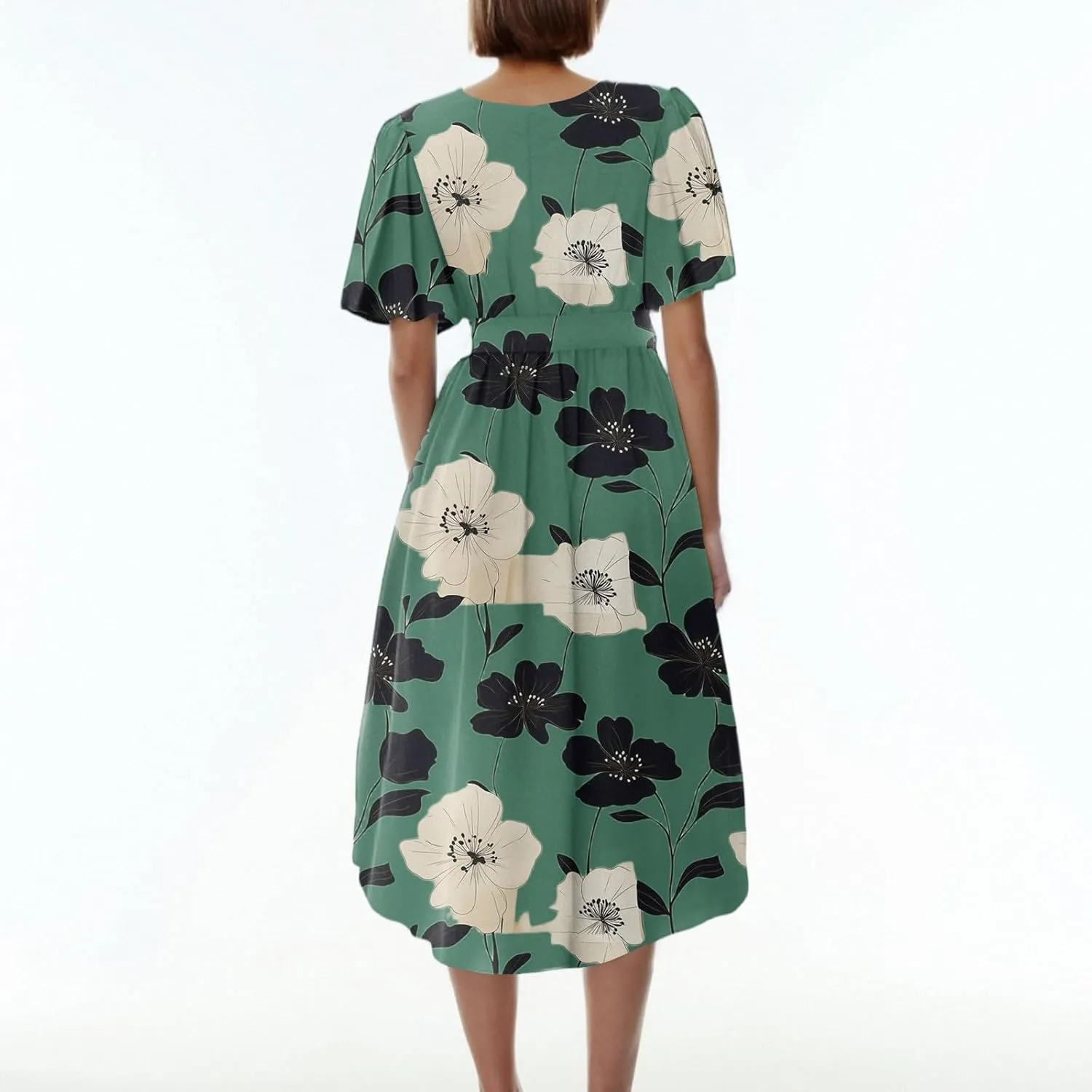 Summer Dresses for Women 2025 Midi Trendy Flowy Swing Short Sleeve V Neck Boho Floral Elegant A Line Dress
