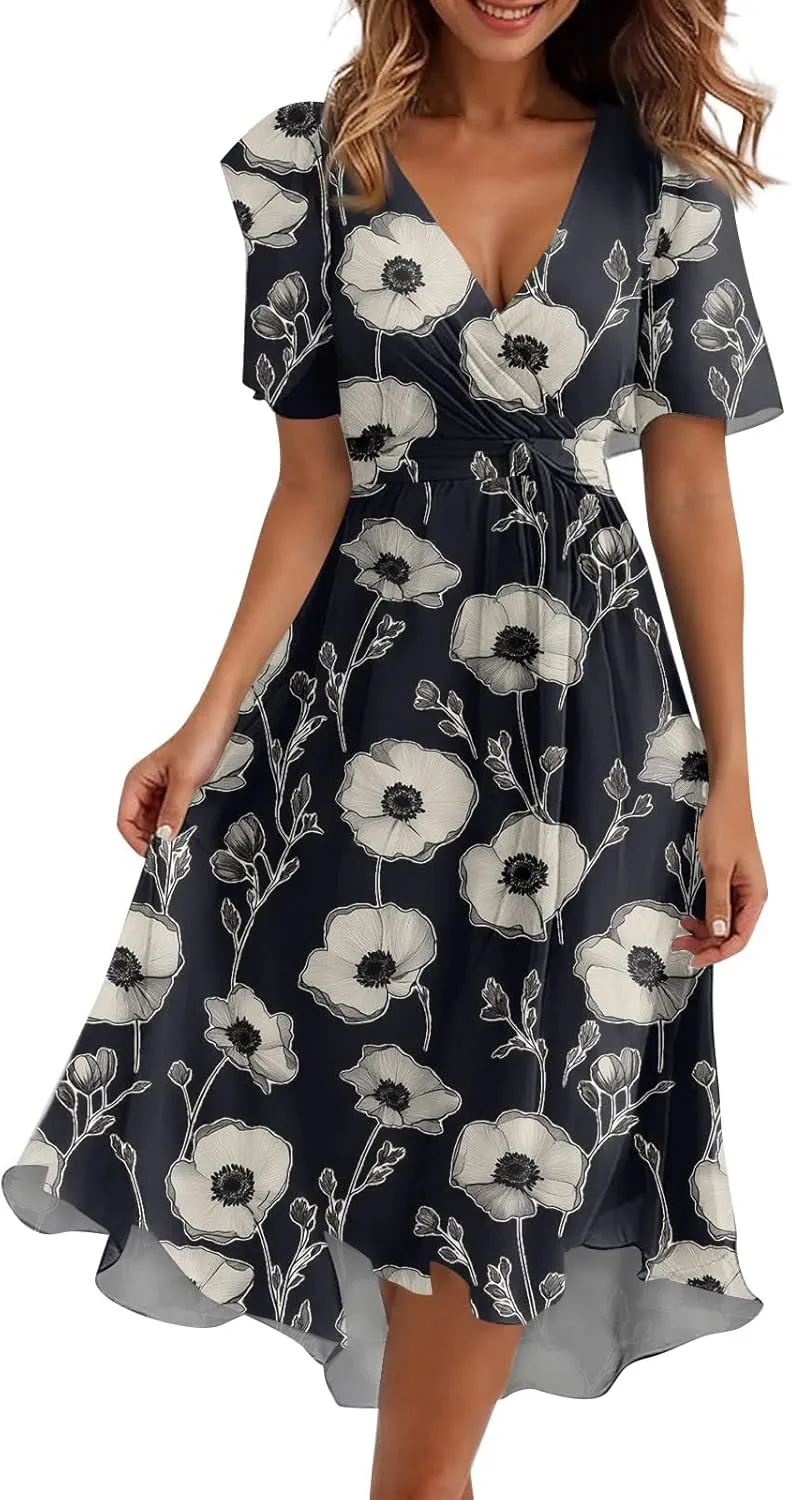 Summer Dresses for Women 2025 Midi Trendy Flowy Swing Short Sleeve V Neck Boho Floral Elegant A Line Dress