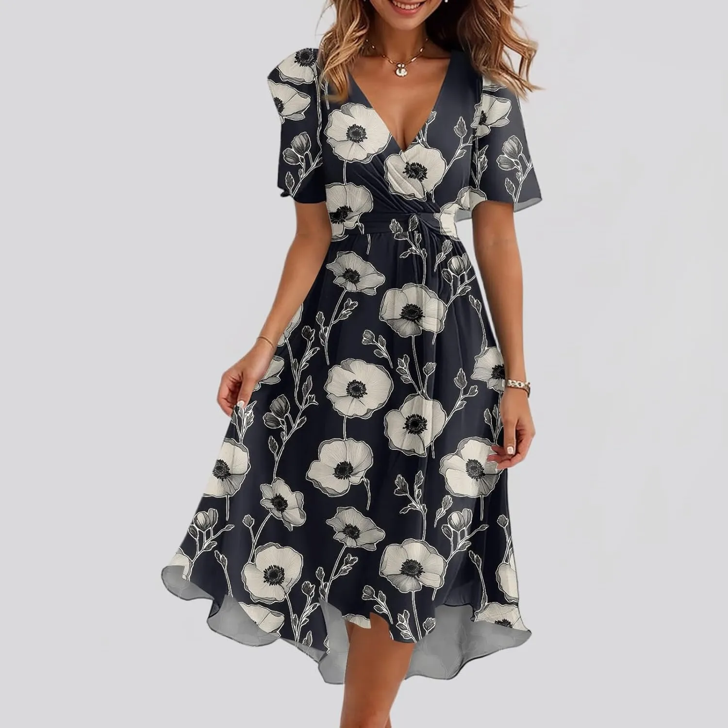 Summer Dresses for Women 2025 Midi Trendy Flowy Swing Short Sleeve V Neck Boho Floral Elegant A Line Dress