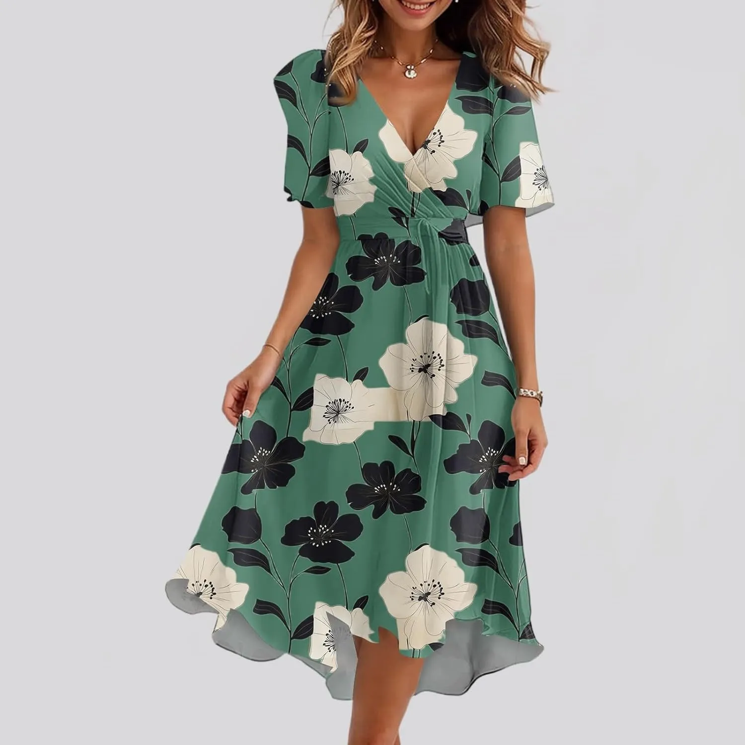 Summer Dresses for Women 2025 Midi Trendy Flowy Swing Short Sleeve V Neck Boho Floral Elegant A Line Dress