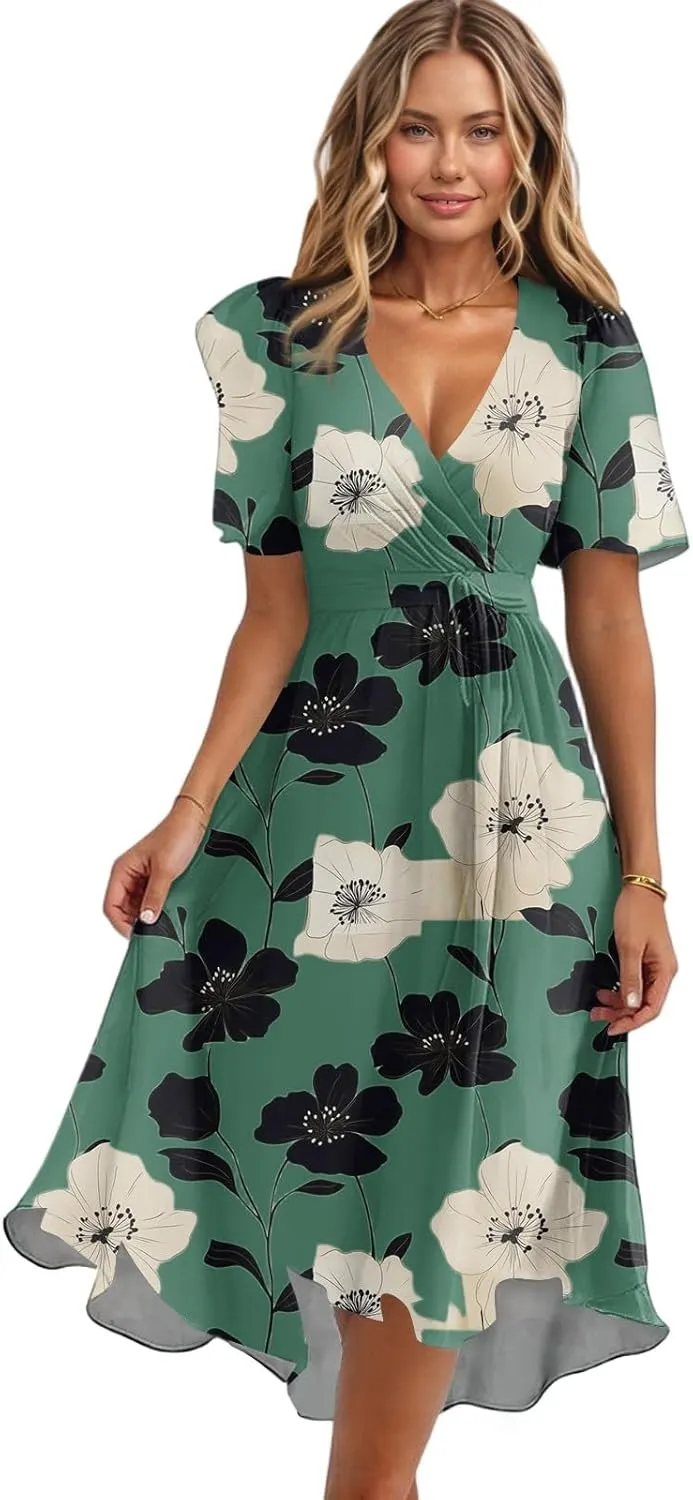 Summer Dresses for Women 2025 Midi Trendy Flowy Swing Short Sleeve V Neck Boho Floral Elegant A Line Dress