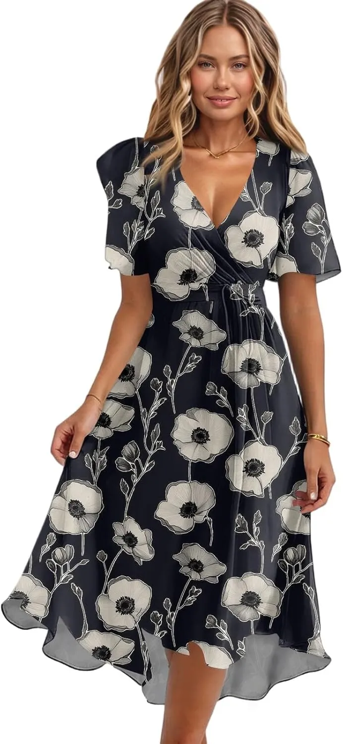 Summer Dresses for Women 2025 Midi Trendy Flowy Swing Short Sleeve V Neck Boho Floral Elegant A Line Dress