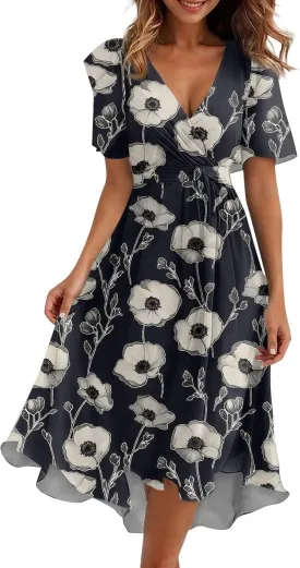 Summer Dresses for Women 2025 Midi Trendy Flowy Swing Short Sleeve V Neck Boho Floral Elegant A Line Dress