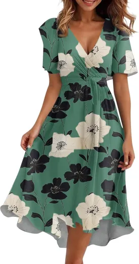 Summer Dresses for Women 2025 Midi Trendy Flowy Swing Short Sleeve V Neck Boho Floral Elegant A Line Dress