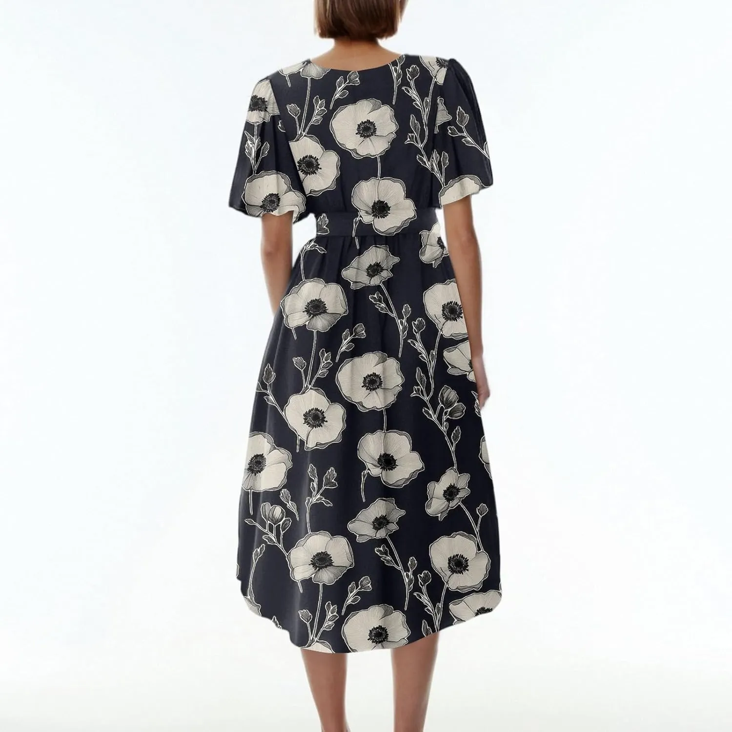 Summer Dresses for Women 2025 Midi Trendy Flowy Swing Short Sleeve V Neck Boho Floral Elegant A Line Dress