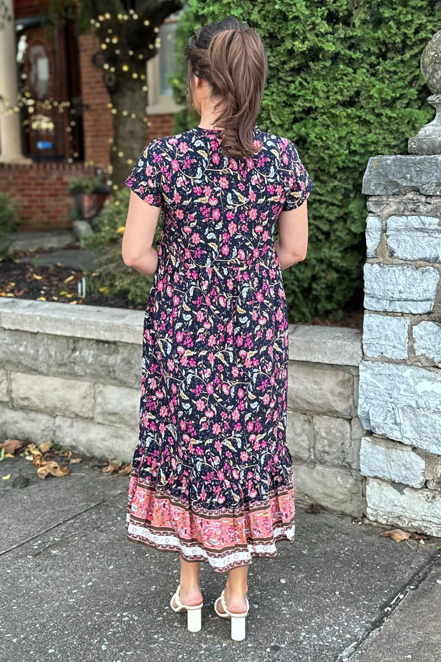 The Larissa Flutter Sleeve Midi Dress in Navy Floral