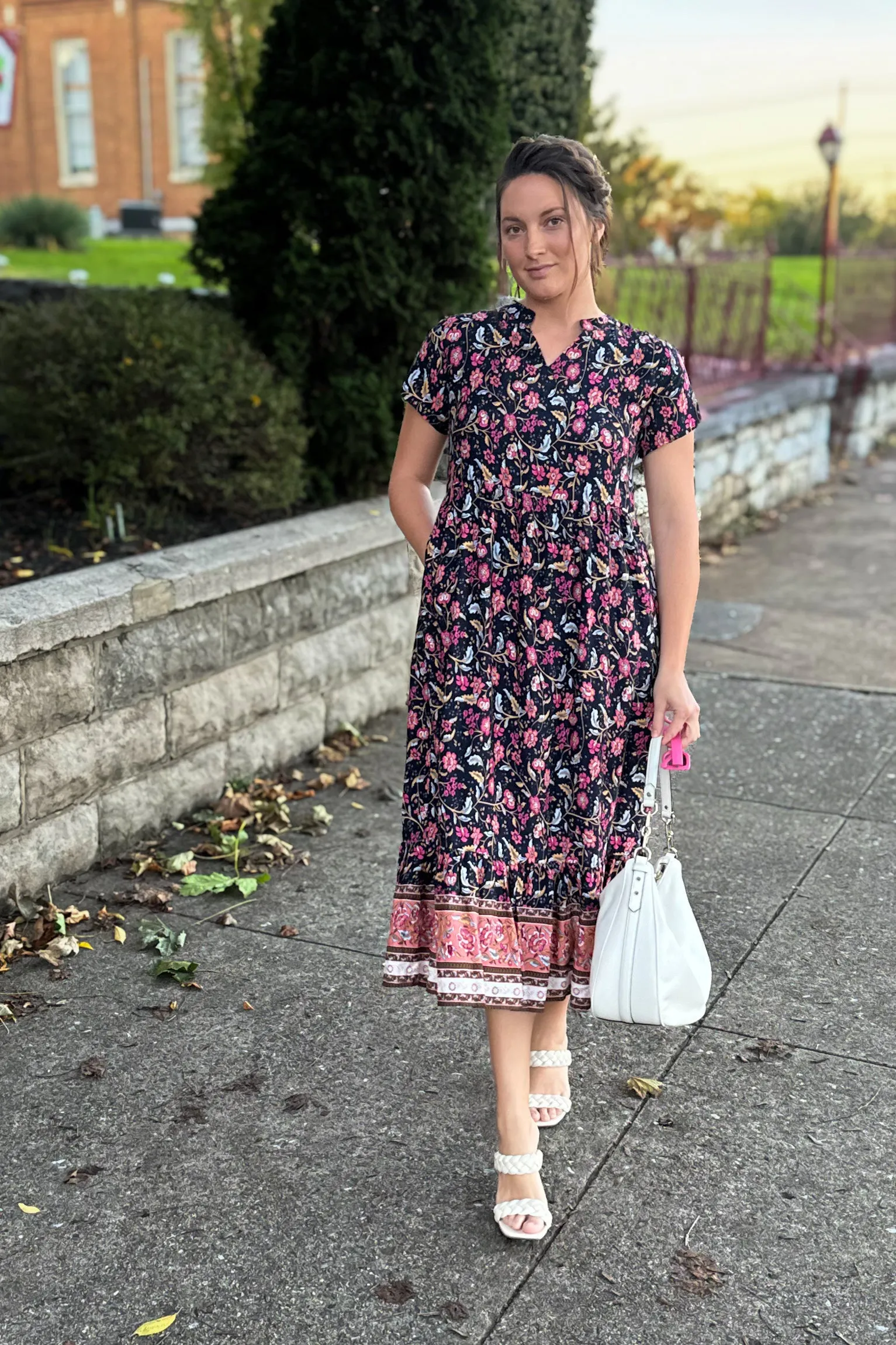 The Larissa Flutter Sleeve Midi Dress in Navy Floral