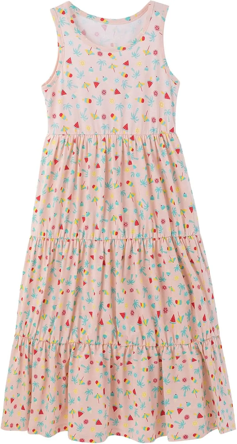 UNACOO Kids Girls 100% Cotton 1 or 2 Packs Sleeveless Long Maxi Tiered Dress (Age 3-12 Years)