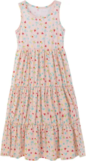 UNACOO Kids Girls 100% Cotton 1 or 2 Packs Sleeveless Long Maxi Tiered Dress (Age 3-12 Years)