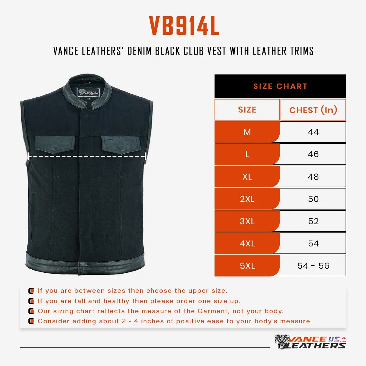 VB914L Denim Black Club Vest with Leather trims